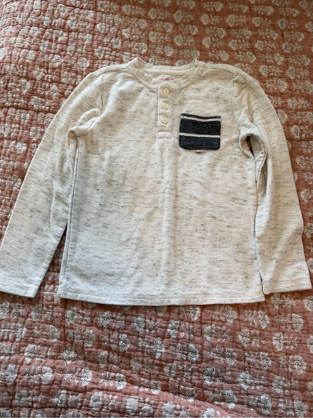 Boys Long-Sleeve Henley Top with Striped Pocket - Cream
